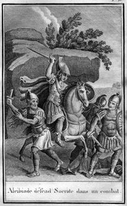 Alkibiades (450-404 f.Kr.), atensk statsman och strategi försvarar Sokrates i en kamp. I "" Forntida historias skönheter eller minnesvärda fakta och talesätt från stora män"" av French School