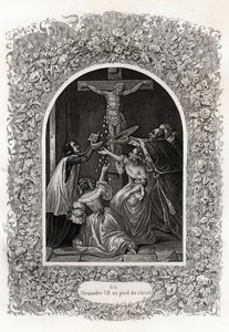Alexander VII (Alexander eller Alessandro) (påven 1655 till 1667) vid Kristi fot. Gravyr för att illustrera Histoire des popes av Maurice Lachatre (1814-1900), librairie du progres, Paris. av French School