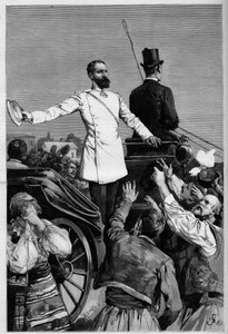 Alexander av Battenberg - Prins Alexander I efter sin abdikation hyllades av folket när han lämnade Sofia. Gravyr i "The Illustrous World" av French School