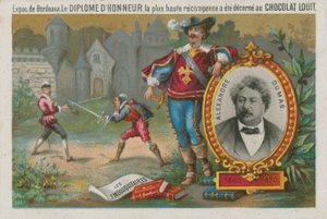 Alexandre Dumas och en scen ur De tre musketörerna av French School