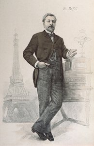 Alexandre Gustave Eiffel poserar vid sitt skrivbord med en teckning av Tour Eiffel, illustration från La Revue Illustree, 1888 av French School