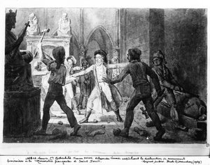 Alexandre Lenoir (1761-1839) motsätter sig förstörelsen av den franska monarkins kungliga gravar i Saint-Denis-kyrkan, 1793 (penna och bläck och tvätt på papper) av French School
