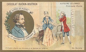 Alfred de Musset (1810-1857), fransk författare från den romantiska perioden, författare till "Chanson de Fortunio", poesi (1852) av French School