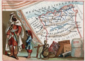 Algeriet i Afrika och provinsen Oran, Frankrike. Serie om de franska departementen. Import av fikon, bomull, tobak, agat och bly. Kromolitografi (Chromo) "" den geografiska tråden"", ca 1920. Privat samling. av French School