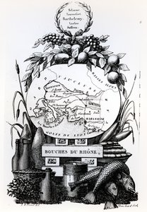 Allegorisk karta över departementet Bouches-du-Rhone, ca 1830 av French School
