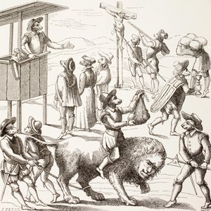 Allegorisk bild av överdrifter som sägs ha begåtts av hugenotterna, från "Military and Religious Life in the Middle Ages" av Paul Lacroix, publicerad i London ca 1880 av French School