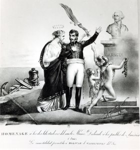 Allegoriskt porträtt av general Simon Bolivar (1783-1830) ca 1840 av French School