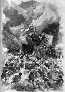 Allegori över Napoleon III:s folkomröstning 1870. Folkomröstningsurnan blir en gryta där folkomröstningen puttrar. Elden matas av den döda veden från det gamla trädet i den franska konstitutionen. Gravyr av Edmond Morin i "" The Illustrous Worl av French School