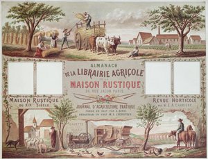 Almanacka som illustrerar traditionella och moderna jordbruksmetoder. c.1870-80 av French School