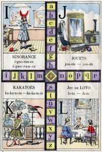 Alfabetet och bokstaven I J K och L, okunnighet, leksaker, kakatoes och lottospel. ABC för de små flickorna. Epinal avbildning av French School