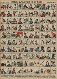Alfabetisk lotteri med hundra bilder (färgad gravyr) av French School