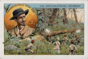Bakhåll i den afrikanska bushen under en expedition av den franske upptäcktsresanden Frenand Fourreau (1850 - 1914). Kromolitografi av 1800-talet. av French School