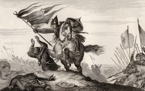 En fransk riddare i strid från 800-talet, ur "Histoire de France" av Colart, publicerad ca 1840 (gravyr) av French School