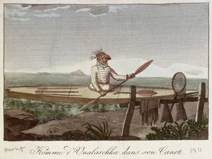 En invånare på Unalaska Island i sin kanot, 1811 av French School