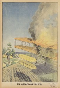 Ett flygplan i brand (färg litho) av French School