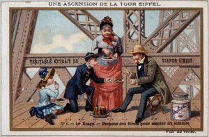 En bestigning av Eiffeltornet: man tar krafter på 1:a våningen - chromo. Liébig, deb. 1900-talet av French School
