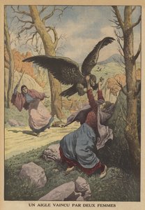 En örn besegrad av två kvinnor (färg litho) av French School