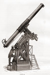Ett ekvatorialteleskop i Paris Observatory, Frankrike på 1800-talet, från Les Merveilles de la Science, publicerat ca 1870 (gravyr) av French School