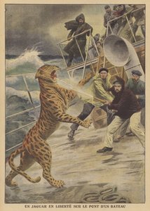 En rymd jaguar på fri fot på ett skepp (färg litho) av French School
