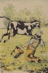 Ett misslyckat försök att mjölka en ko (färg litho) av French School