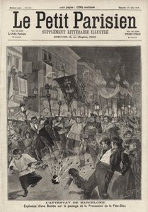 Anarkistisk bombattack mot Corpus Christi procession som lämnar kyrkan Santa Maria, Barcelona, Spanien av French School