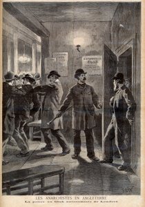 Anarkister i England. Polisen slår till mot Autonomy Club i London. Anarkister i England. Polis på London Autonomist Club. Illustration för Le petit Journal, 5 mars 1894 av French School