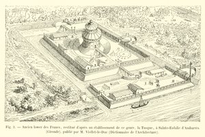 Tidigare lägre av frankerna, restaurerad efter en etablering av detta slag, Tusque, vid Sainte-Eulalie dAmbarres, Gironde, utgiven av M Viollet-le-Duc, Dictionnaire de lArchitecture av French School