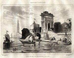 Ancona - Ancona - Italien - Trajanus båge, antikt romerskt verk som tillskrivs Apollodoro - Bågen är placerad i Ancona - Gravyr från "" Italy Picturesque"" - Historisk och beskrivande målning av Italien" av M. de Norvins, Ch. Nodier 1834-1836. av French School
