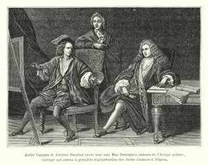 Andre Campra och Antoine Danchet, tillsammans med sin vän Bon Boulogne, författare till Europe galante, ett verk som ledde till den första legaliseringen av upphovsrätten på Operan (gravyr) av French School