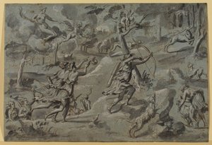 Anonym efter Dianas tapestrymästare, Diane, på jakt med sina följeslagare, måltavla av Amour bågskytt, ca. 1590-1600, gråtvätt av French School