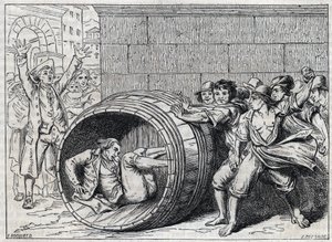 Antisemitförföljelse på 1600-talet: en jude rullar i en tunna av invånare i Rom. Illustration av "" Meo Patacca", dikt av Giuseppe Berneri (1637-1700). Gravyr av Bocourt. av French School