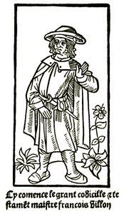 Apokryfiska porträtt av poeten Francois Villon i "Det stora testamentet" - "Cy comence le grant codicille & testamet maistre Francois Villon"" (här börjar grand codicille et testament) utgåva P Levet 1489 (träsnitt) av French School