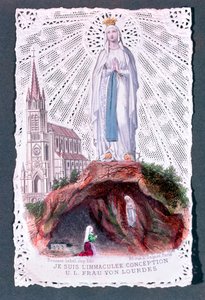Uppenbarelse av Our Lady of Lourdes, graverad av Bouasse-Lebel, c.1867 (färggravyr på spetspapper) av French School