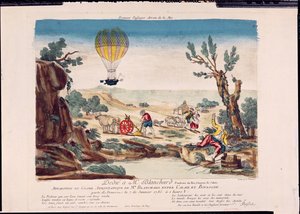 Utseendet av Jean Pierre Blanchards varmluftsballong (1753-1809) mellan Calais och Boulogne, 1785 av French School