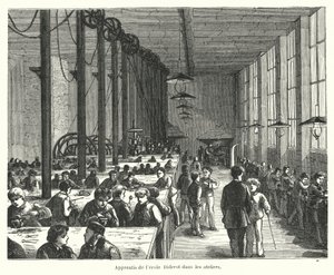 Lärlingar i verkstäderna på Ecole Diderot i Paris, Frankrike (gravyr) av French School