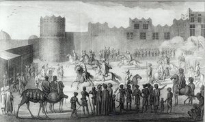 Arab Fighters Exercising in Yemen, från Description of Arabia säkerställde egna observationer och åsikter samlade på samma platser av Carsten Niebuhr, publicerad 1774 av French School