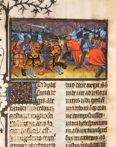 Armékämpe. Miniatyr hämtad från manuskriptet av Francesco Petrarch eller Petrarch (1304-1374) italiensk forskare, poet och humanist, De Viris Illustribus,, 23rv. Valencias universitetsbibliotek. av French School