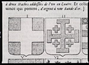 Armes de Montmorency et Godefroy de Bouillon - i "" Den vraye och perfekta vetenskapen om vapenskölden eller indexet över vapen"" av Pierre Paillot av French School