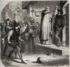 Arnaud du Tilh (Thil) är fäst vid en galge och utsätts för folkmassans förolämpningar innan han avrättades för att han tillskansat sig Martin Guerres identitet (cirka 1524 omkring 1560). Gravyr från 1871 i "Histoire Des Cocuses Celebres"" av Henry de Kock  av French School