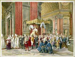 Ankomst av påven Pius IX (1835-1914) på sedia gestatoria vid öppnandet av första Vatikankonciliet den 8 december 1869 av French School