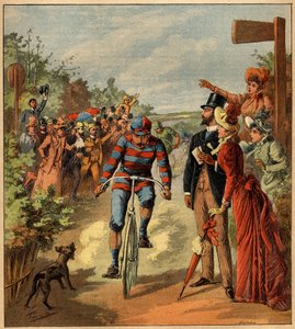 Ankomst till ett cykellopp på den franska landsbygden. Gravyr i "" La Terre Illustree"" nr 81 av 19 maj 1892. av French School