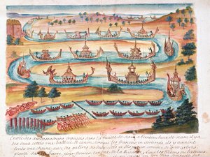 De franska ambassadörernas ankomst till Siam, från en redogörelse för jesuiterna i Siam, 1688 (wc på papper) av French School
