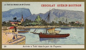 Anländer till hamnen i Papeete, Tahiti (chromolitho) av French School