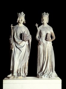 Art France: Statyer av kungen av Frankrike Karl V känd som Karl den vise (1338-1380) och Frankrikes drottning Jeanne de Bourbon (1337-1378). Skulptur i kalksten från 1300-talet. Förmodligen från fasaden på den östra ingången till Louvren (dekor av French School