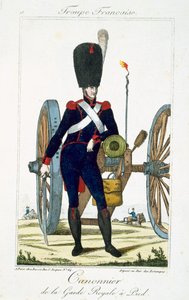 Artillerist från det kungliga gardet med en kanon, från Troupes Francaises, pub. hos Basset, Paris, ca 1790 av French School