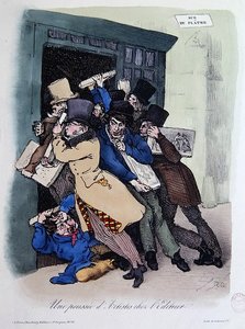 Konstnärer som belägrar förlagets dörr, ca 1830 (lito i färg) av French School