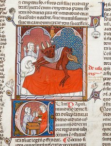 Arundel 484 f.245 En djävul eller demon på en död persons säng, illustration från Digestum Vetus med gloss ordinaria, av Justinian, c.1300-10 (vellum) av French School