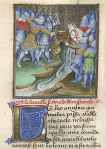 Arundel 67, f.144, Medeltida soldater slåss, över en flod, från Chroniques d