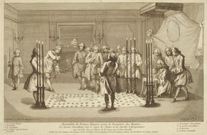 Församling av frimurare före initieringen av en mästare, från The Ceremonies of Religion and Custom c.1733 av French School