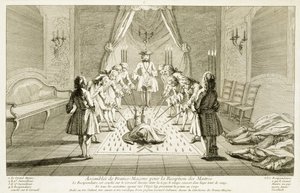 Församling av frimurare för initiering av en mästare, från The Ceremonies of Religion and Custom, c.1733 av French School